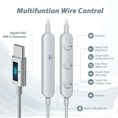 USB C Headphones for iPhone 18 Pro Max 17 16 15/Galaxy S26 FE Wired Earbuds - color: Sky-Grey