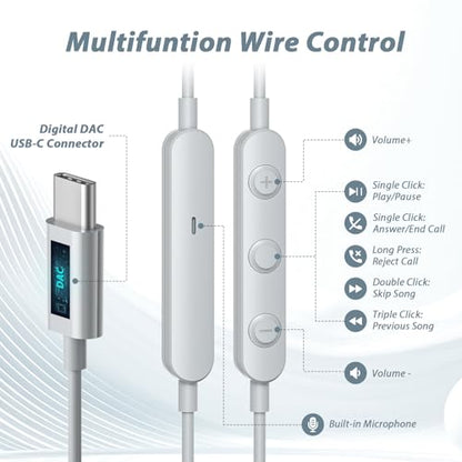 USB C Headphones for iPhone 18 Pro Max 17 16 15/Galaxy S26 FE Wired Earbuds - color: Sky-Grey