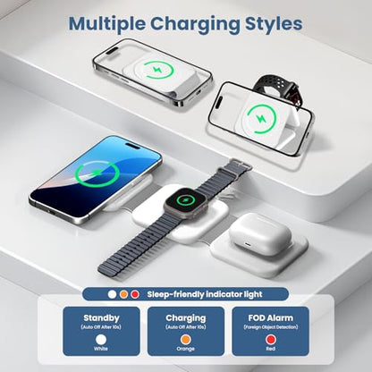 Travel Charger for Multiple Devices: 15W 3-in-1 Foldable Magnetic Wireless Charging Station for MagSafe-Compatible iPhone 17 17e 16 15 14 13 12 Pro Max, Watch & AirPods-Sleek Portable Design, White
