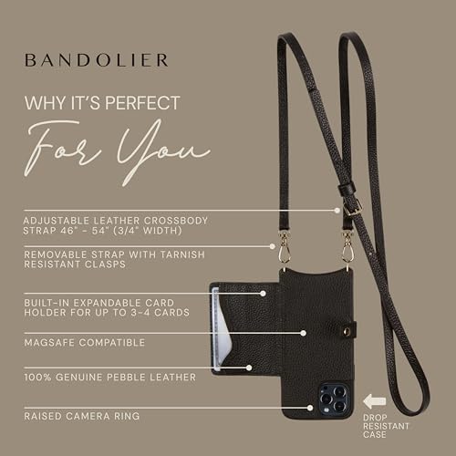 Bandolier Mila Leather Crossbody MagSafe Phone Case iPhone 16 Pro- Black/G | Crossbody leather phone case. Built-in card-holder. Adjustable & removable strap. MagSafe Design. Phone drop protection. - color: Black/Gold, size: iPhone 16 Pro