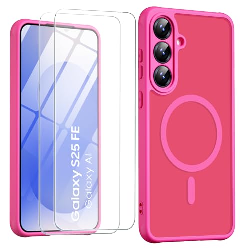 Magnetic for Samsung Galaxy S25 FE Case with Screen Protector 2X,Compatible with MagSafe,Phone Case Slim Hard PC Silicone Bumper Shockproof Protective Cover for Samsung S 25 FE 5G,Hot Pink - color: Hot Pink, size: Samsung Galaxy S25 FE