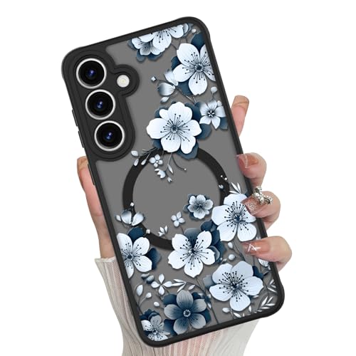 Magnetic for Samsung Galaxy S25 Case,White Flower | Compatible with MagSafe,Cute Fashion Translucent Matte Hard Back Shockproof Anti-Scratch Phone Case-Ink Flower - color: Ink Flower, size: Samsung Galaxy S25