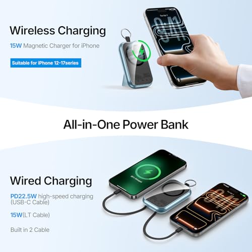for MagSafe Portable Charger, 10000mAh Power Bank with Built-in 2 Cables - color: blue