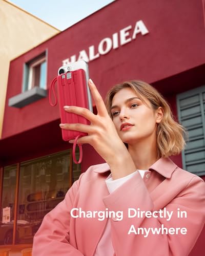 VRURC Portable Charger, Built in 4 Cables & Lanyard Power Bank 10000mAh - color: Magenta