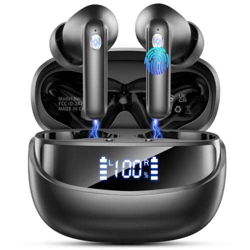Jxrev Wireless Bluetooth 5.4 Earbuds, 6D Stereo Ear Buds, LED Power Display - color: Carbon Black