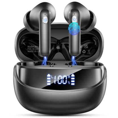 Jxrev Wireless Bluetooth 5.4 Earbuds, 6D Stereo Ear Buds, LED Power Display - color: Carbon Black