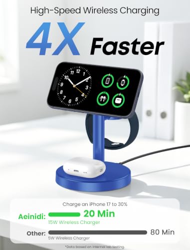 Aeinidi 3 in 1 Fast Wireless Charging Station for Apple MagSafe Charger - color: Blue, size: 15W