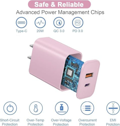 10FT iPhone 17/16e Fast Charger,2Pack 20W Dual Port USBA+C QC Apple Adapter - color: Blue/Pink