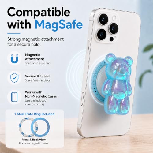 Magnetic 3D Bear Phone Grip Stand, MagSafe Compatible — Aqua Blue - color: Aqua Blue