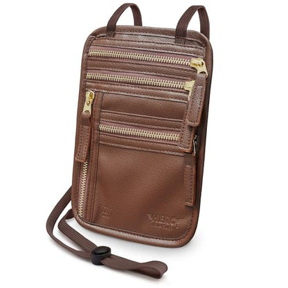HERO Neck Wallet - RFID Blocking Passport Holder, Easy to Conceal Travel Pouch (Vegan Leather Brown) - color: Brown