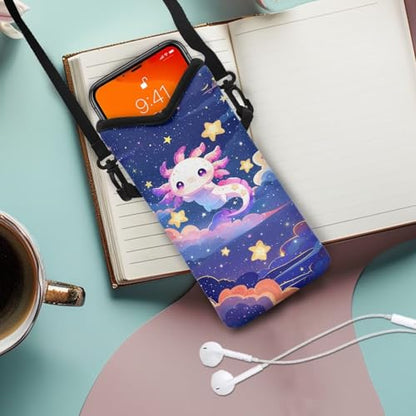 Cartoon Axolotl Print Crossbody Shoulder Neoprene Bag, Phone Holder Crossbody Bag with Adjustable Buckle, Fits Apple and Android, Use for Walking, Hiking & Biking - color: Cartoon Axolotl Print