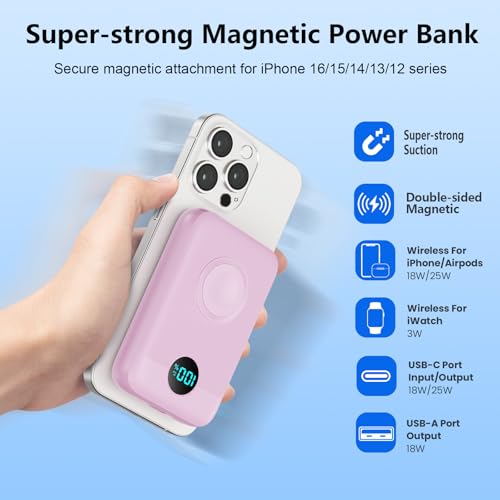 Magnetic Portable Charger for iPhone and Apple Watch, 10800mAh 25W PD Fast Charging USB C Power Bank, 4 Outputs Dual-Side Magnet Travel Essentials Battery Pack for iPhone 18/17/16/15/14/13/12, Pink - color: Pink