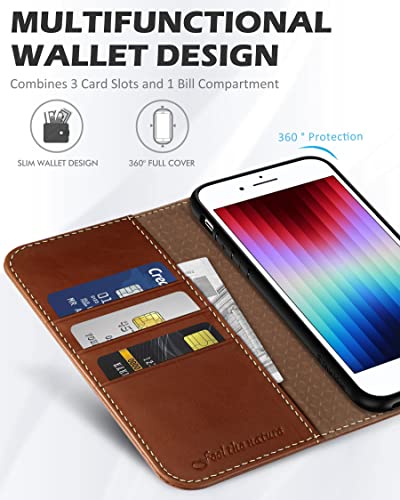 SHIELDON Genuine Leather Case Wallet for iPhone SE 2022/2020, Retro Brown | Magnetic Closure, RFID Blocking, Credit Card Slot, Kickstand, Flip Book Design, Shockproof Phone Cover - color: Brown - Retro