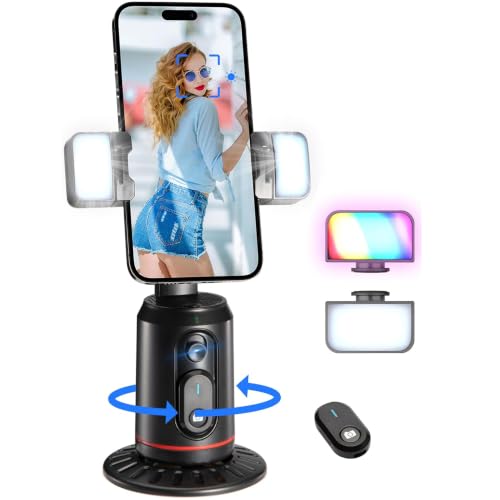MQOUNY Auto Face Tracking Phone Holder, 360° Rotation Face Body Phone Tripod Smart Shooting Camera Mount with Rechargeable Remote and Light for Live Vlog Streaming Video, Rechargeable