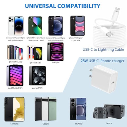 25W iPhone Charger, 2 Pack 25W PD USB C Wall Fast Charger Adapter with 2 Pack 10FT Long Type C to Lightning Cable Compatible with iPhone 14 13 12 11 Pro Max XR XS X,iPad
