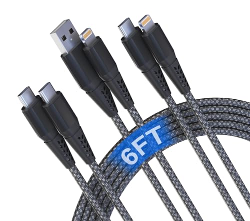 USB‑C to Lightning + USB‑C to USB‑C + USB‑A to Lightning Cables 3‑Pack 6FT (2M), MFi Certified Nylon Braided Fast Charging Cord Compatible with iPhone 17 16 15 14 13 12, iPad, MacBook, Galaxy & More