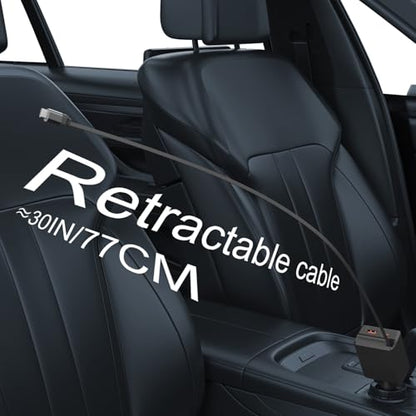 Retractable Car Charger, Total 75W Fast Charger 3 in 1 USB C Car Adapter, Retarctable Type C Cables (30 inch) and 2 USB Ports, Compatible with iPhone 16/15 Series, iPad, Galaxy, Pixel, Laptop and More