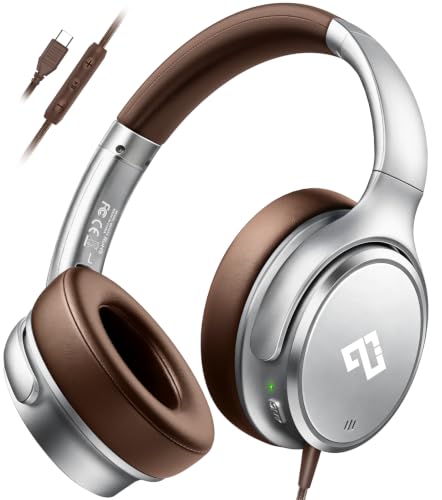 USB C Wired Headphones Active Noise Canceling Headphone Over Ear-Brown - color: Silver