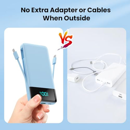 Portable Charger with Built-in AC Plug and Cables,13800mAh All in One USB C Fast Charging Power Bank,Travel Essentials Portable Phone Charger Battery Pack for iPhone 17/16/13,Galaxy,Android-Light Blue - color: Light Blue