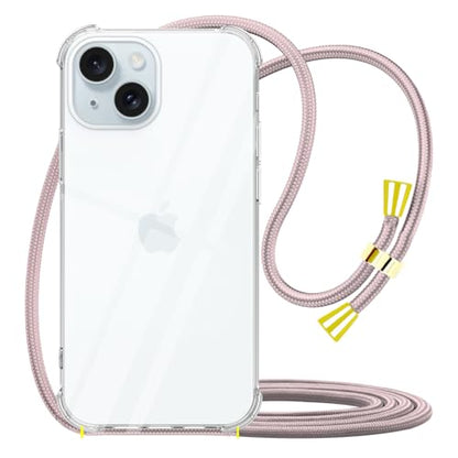 Crossbody Case for iPhone 15 for Women Girls Clear Soft TPU Anti-Yellowing Anti-Scratch Shockproof Protective Phone Cover Case with Adjustable Lanyard Neck Strap for iPhone 15 - Rose Gold - size: for iPhone 15