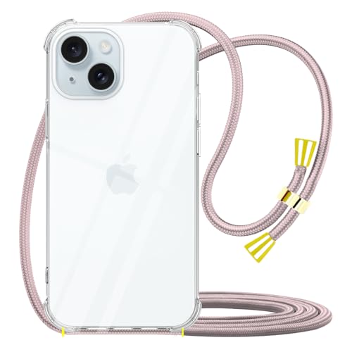 Crossbody Case for iPhone 15 for Women Girls Clear Soft TPU Anti-Yellowing Anti-Scratch Shockproof Protective Phone Cover Case with Adjustable Lanyard Neck Strap for iPhone 15 - Rose Gold - size: for iPhone 15