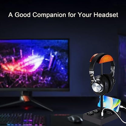 CASTLELIFE Headphone Stand Desktop Gaming Headset Holder with 2 AC Outlets and USB C&A Ports, Charging Station&Phone Stands, Wood Earphone Table Game Accessories for Desktop Gamer, Black