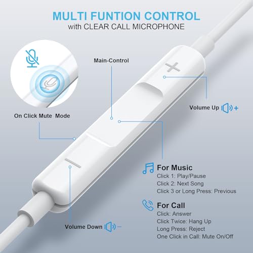 Wired Earbuds [Clear Call Mic], 3.5mm Headphones for iPhone/iPad/Radio - color: White