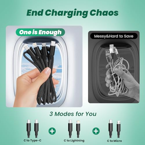 Travel Vacation Essentials 3IN1 USB C Multi Charging Cable, 2Pack 4FT - color: Black