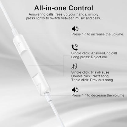 USB C Earphones Wired Headphones for iPhone 17 17 Pro Max Plus 16 16e 15 - color: White