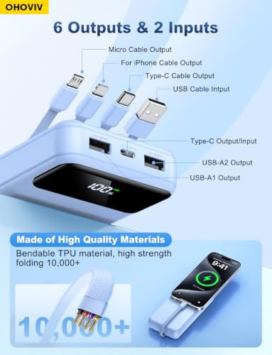 OHOVIV Portable Charger Power Bank 50000mAh,4 Built-in Cables Battery Pack - color: Blue