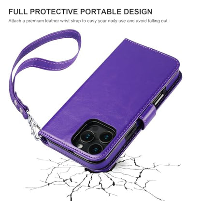 Bocasal Detachable Wallet Case Card Holder for iPhone 16 Pro Max Purple | RFID Blocking Kickstand Card Slots Holder PU Leather Magnetic Shockproof Wrist Strap Removable Flip Protective Cover 6.9 inch - color: Purple