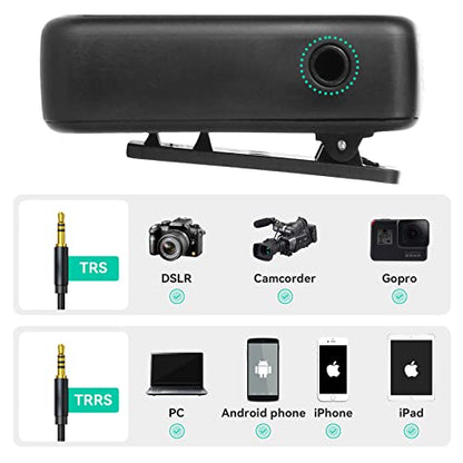 Wireless Lavalier Microphone, Wireless Lav Mic System with Transmitter&Receiver for Iphone, Android Phone, DSLR cameras, Camcorder, Clip on Lapel Microphone Kit for Recording, Vlog, Youtube.