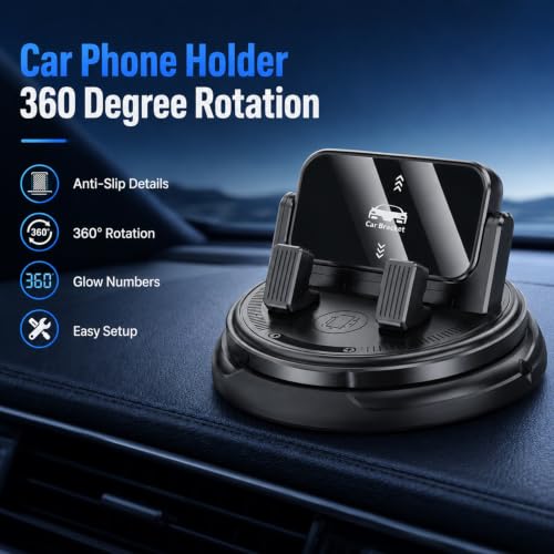 Car Phone Holder 360 Degree Rotation, Dashboard Phone Mount with Adjustable Spring Clip, Adjustable Universal Car Phone Mount for Smartphones