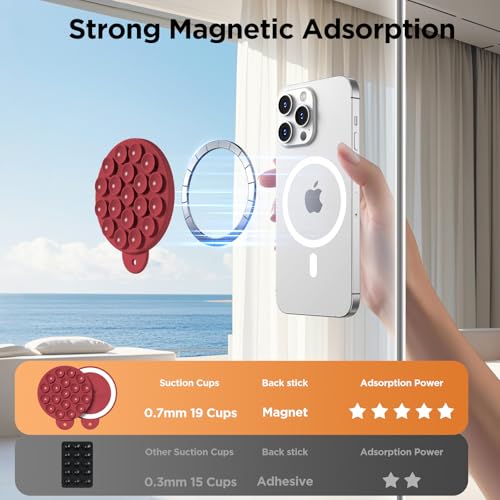 Magnetic Suction Cup Phone Mount with MagSafe, Silicone Hands-Free Grip Holder for iPhone Case and Android, Mirror Shower Phone Stand for Makeup FaceTime Gym Kitchen Bathroom, Deep Red - color: Deep Red