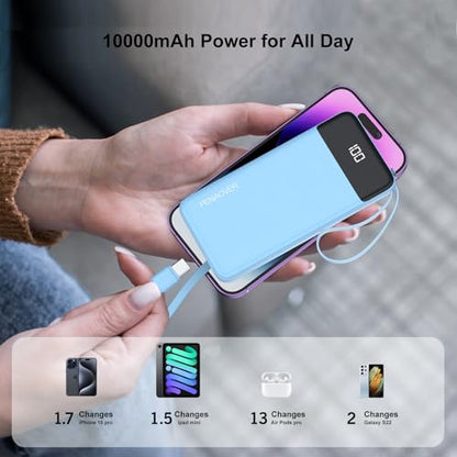 Portable Charger Built-in Cables,10000mAh Fast Charge Power Bank for iPhone - color: Blue