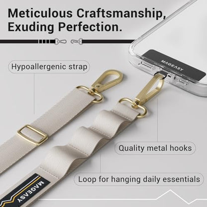 MAGEASY Rover iPhone Lanyard Crossbody with Tether Tab & Attachment Loop, Adjustable Anti Theft Phone Strap for Samsung Google Pixel, 20mm Neck Shoulder Lanyard, Holds 55lb (Dual Clip, Starlight) - color: Starlight, size: Dual Clip