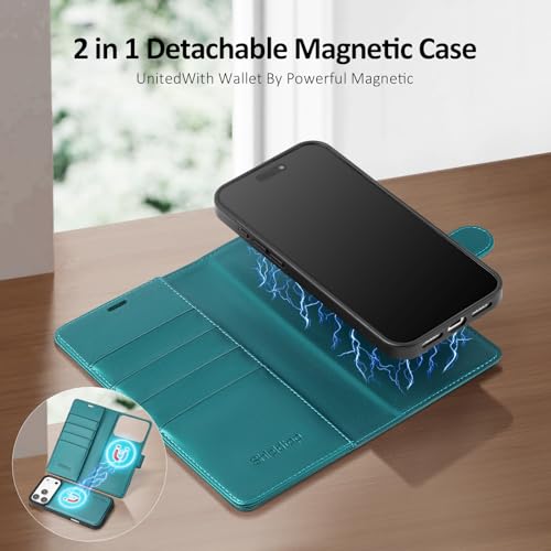 Shieldtop Compatible with MagSafe iPhone 17 Pro Wallet Case,Blue Green | 2 in 1 Detachable Magnetic,Credit Card Holder Slots,RFID Blocking,PU Leather,Kickstand,Flip Folio Phone Cover for Men & Women - color: Blue Green, size: iPhone 17 Pro - 6.3"