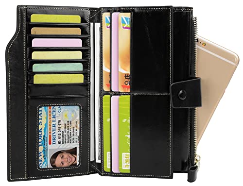 YALUXE Women's Real Leather Wallet RFID Protect 21 Card Slots Phone Pocket - color: 3- Waxed Black, size: Genuine Leather