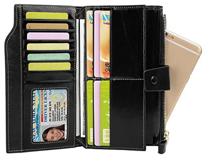 YALUXE Women's Real Leather Wallet RFID Protect 21 Card Slots Phone Pocket - color: 3- Waxed Black, size: Genuine Leather