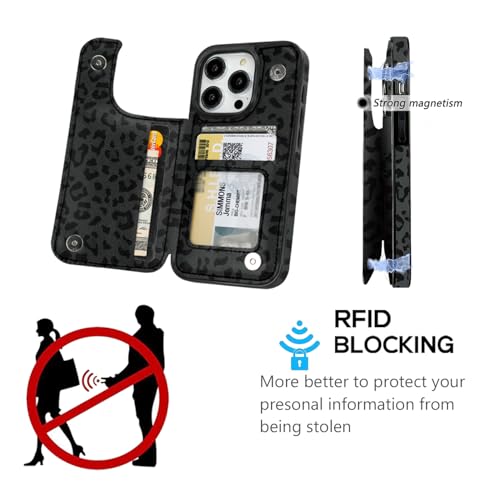 Compatible with iPhone 16 Pro Wallet Case with Card Holder, Back Flip Folio PU Leather Kickstand Card Slots Case for Women Girls, Double Magnetic Clasp Cover 6.3" (Black Leopard) - color: Black Leopard, size: iPhone 16 Pro 6.3 inch