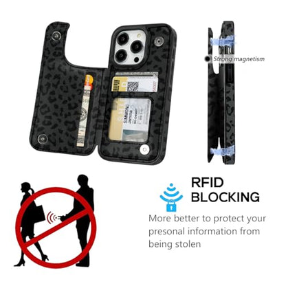 Compatible with iPhone 16 Pro Wallet Case with Card Holder, Back Flip Folio PU Leather Kickstand Card Slots Case for Women Girls, Double Magnetic Clasp Cover 6.3" (Black Leopard) - color: Black Leopard, size: iPhone 16 Pro 6.3 inch