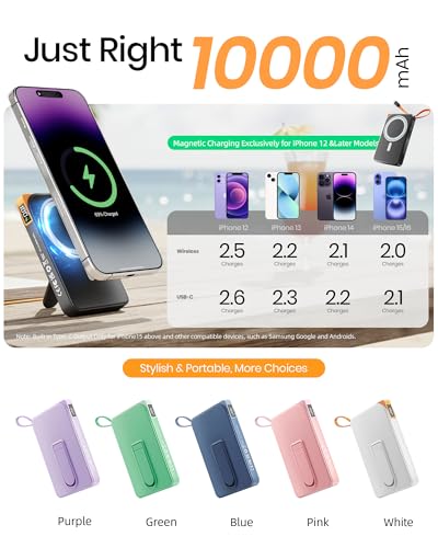 for Magsafe Portable Charger, 3-in-1 Magnetic Power Bank with Stand, 10000mAh Wireless Battery Pack Fast Charging with Built in Cable(USB C), Powerbank for iPhone17/16/15/14/13 Travel & Daily, Black