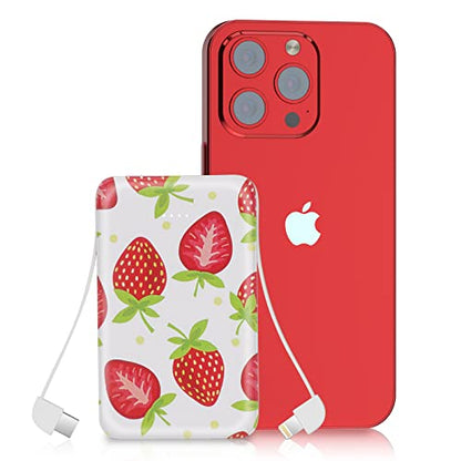 Sethruki Cute Portable Charger 5000mAh Ultra Slim USB C Power Bank for Girls Mini Fast Charging Small Battery Pack with Built in Cables for iPhone iPad Samsung Pixel Android Phones,Strawberry - color: strawberry
