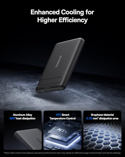 Baseus Picogo Power Bank, Smallest Qi2 Certified 15W MagSafe Portable Charger, 0.5" Ultra Slim 5000mAh Magnetic Battery Pack with Stand, Alloy Wireless Charger for iPhone 17 Pro Max/17 Air/16 Series - color: Black