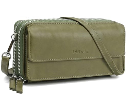 RFID Crossbody Wallet Wristlet Purse with Phone Pocket For Women Vegan Leather - color: B-olive Green