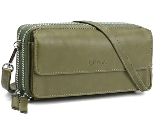 RFID Crossbody Wallet Wristlet Purse with Phone Pocket For Women Vegan Leather - color: B-olive Green