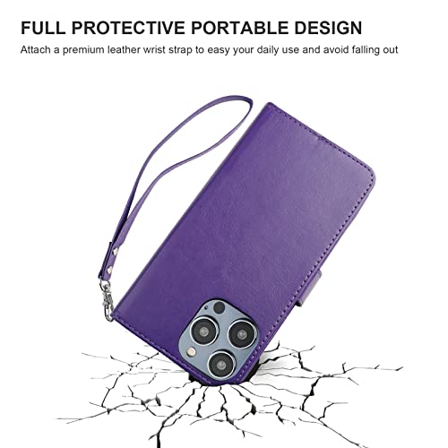 Bocasal Detachable Wallet Case Card Holder for iPhone 14 Pro, Purple | RFID Blocking Kickstand Card Slots Holder PU Leather Magnetic Shockproof Wrist Strap Removable Flip Protective Cover 6.1 inch - color: Purple