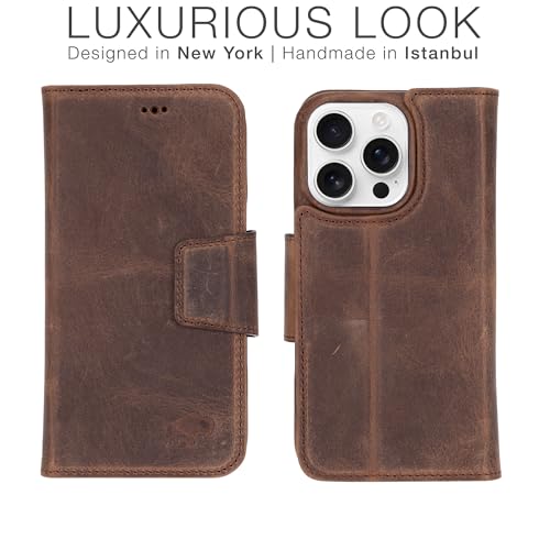 BLACKBROOK Wallet Case for iPhone 16 Pro Max – Burkley 2-in-1 Detachable Folio, MagSafe Compatible, RFID Blocking – Full Grain Leather with Natural Patina, 3 Card Slots, Premium Gift Box - color: Distressed Coffee, size: iPhone 16 Pro Max