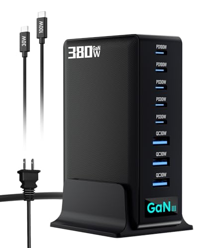 380W USB-C Charger Block, 8-Port USB-C Charging Station PD 30W + 100W PC Laptop, Fast Charging Hub with High-Power Fast Charging Cable for MacBook Pro/Air, DELL, iPad, iPhone, Samsung Galaxy Black - color: 380W Black