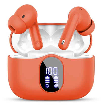 Wireless Earbuds, Bluetooth 5.4 Headphones Bass Stereo/Clear Calls, Orange - color: Orange